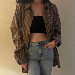 oversized plaid button down in tan